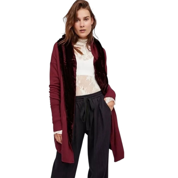Free People Sweaters - Free People Westwood Hooded Long Cardigan Velvet Trim Size Small